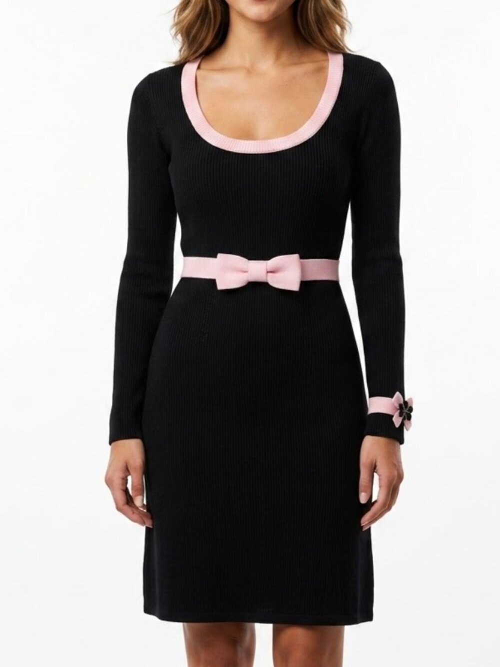 Moda International Coquette Balletcore Ribbed Knit Bow Scoop Neck Sweater Dress